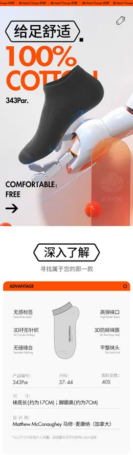 逆程袜子纯棉短袜 详情页设计