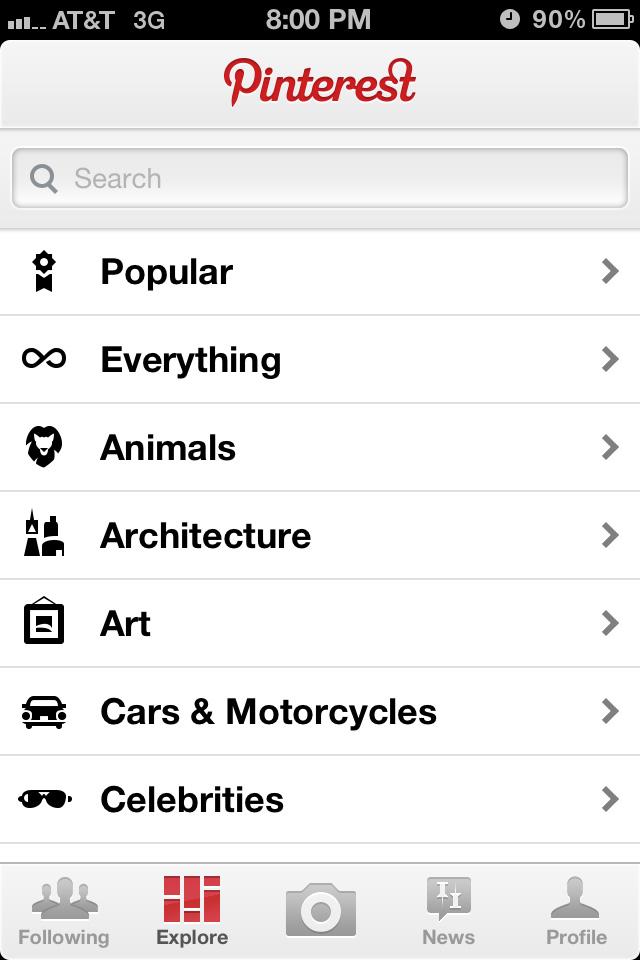 Pinterest App手机应用搜索界面设计