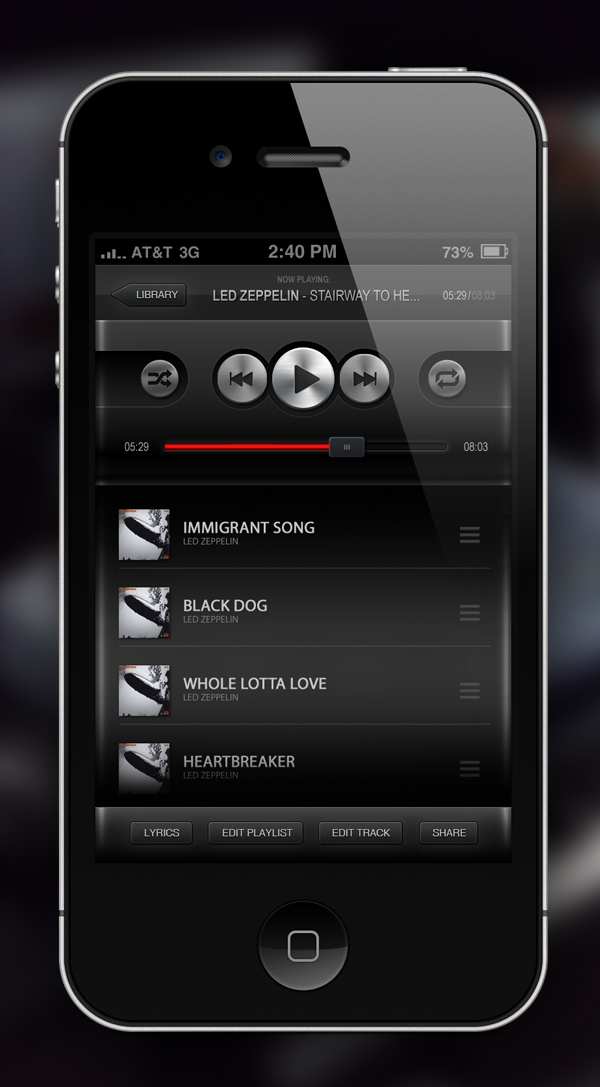 黑色质感的音乐播放器手机界面设计，来源自黄蜂网https://woofeng.cn/