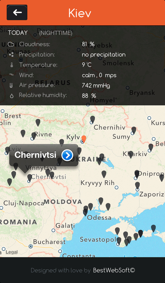 乌克兰天气预报手机应用界面设计，来源自黄蜂网https://woofeng.cn/mobile
