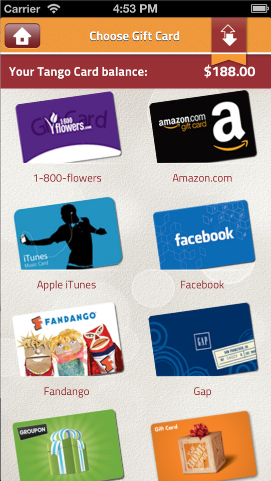 Tango Card移动礼品卡手机应用界面设计，来源自黄蜂网https://woofeng.cn/mobile/