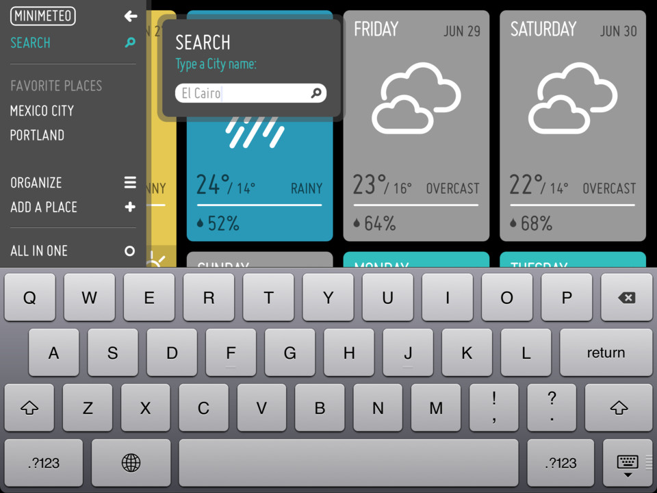 MINIMETEO原生的iPad天气应用界面设计，来源自黄蜂网https://woofeng.cn/ipad/