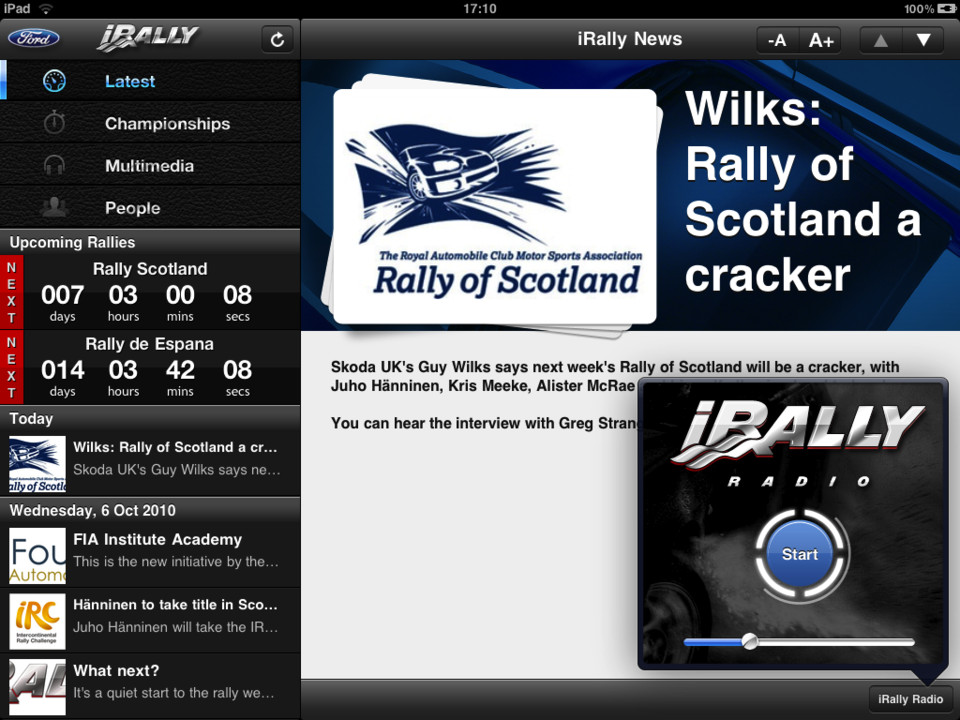 iRally WRC和IRC赛车iPad应用界面设计，来源自黄蜂网https://woofeng.cn/ipad/
