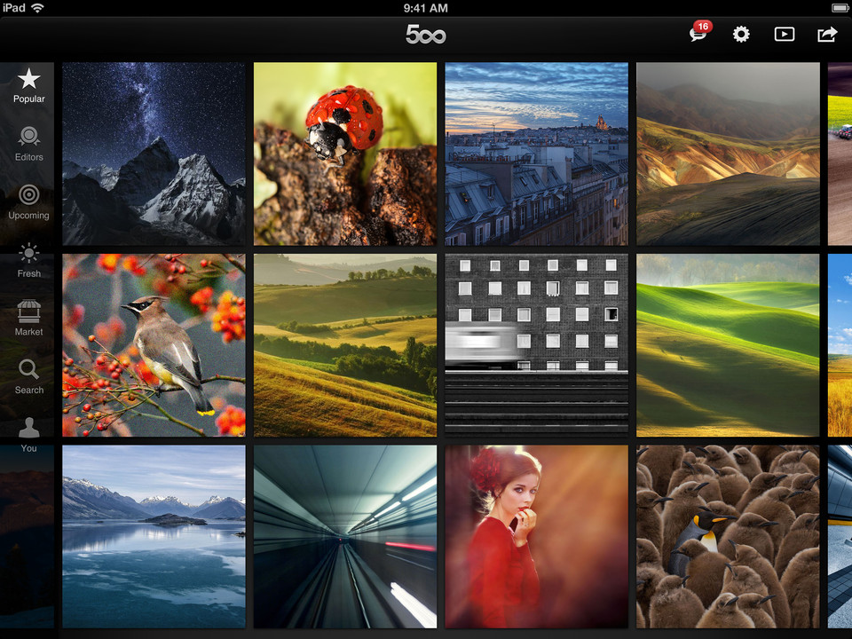 500px摄影照片分享平台iPad版界面设计，来源自黄蜂网https://woofeng.cn/ipad/
