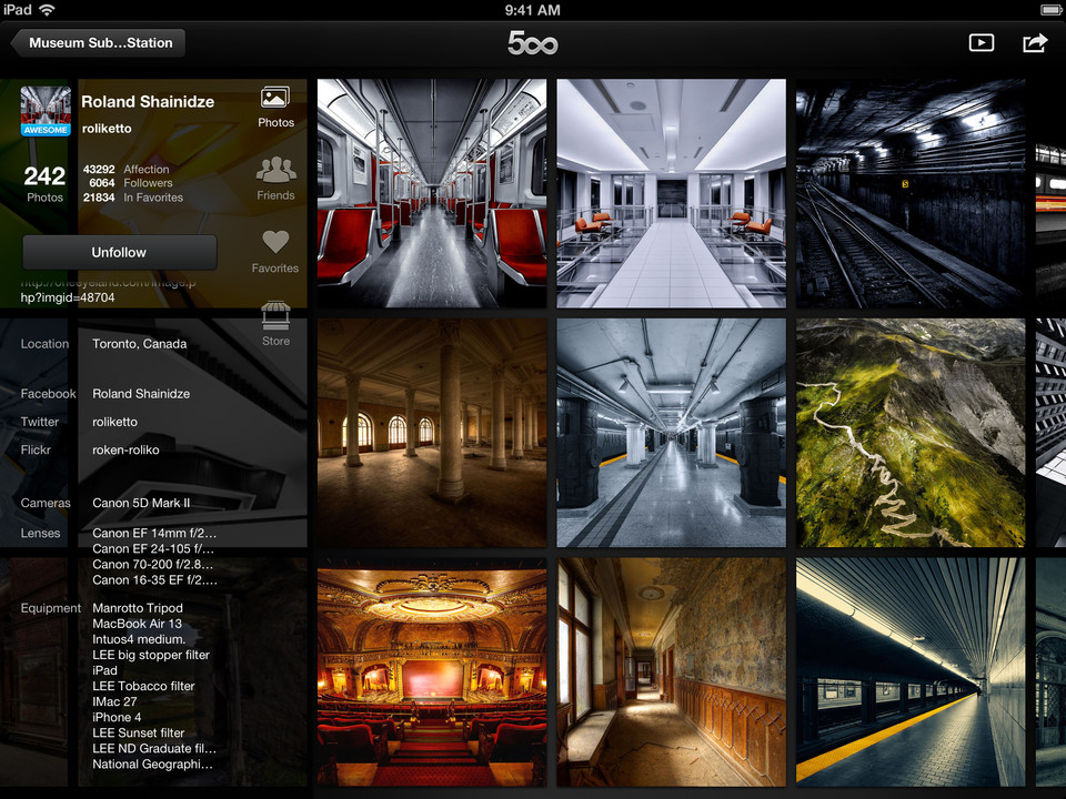 500px摄影照片分享平台iPad版界面设计，来源自黄蜂网https://woofeng.cn/ipad/