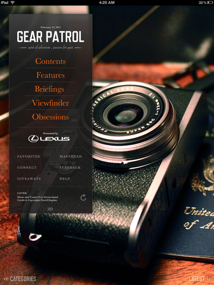 Gear Patrol阅读杂志iPad应用界面设计，来源自黄蜂网https://woofeng.cn/ipad/
