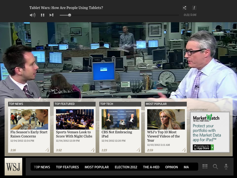 WSJ实时新闻和视频点播iPad应用程序界面设计，来源自黄蜂网https://woofeng.cn/ipad/