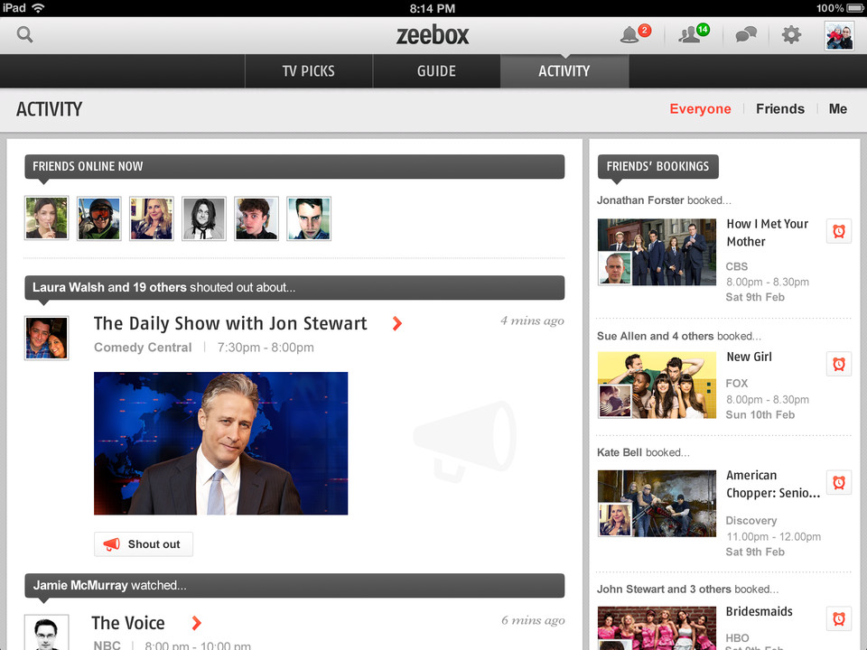 zeebox是您的电视搭档iPad应用程序界面设计，来源自黄蜂网https://woofeng.cn/ipad/