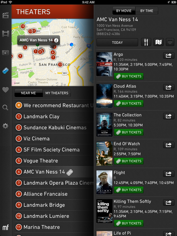 Moviefone电影场次及预告iPad应用程序界面设计，来源自黄蜂网https://woofeng.cn/ipad/