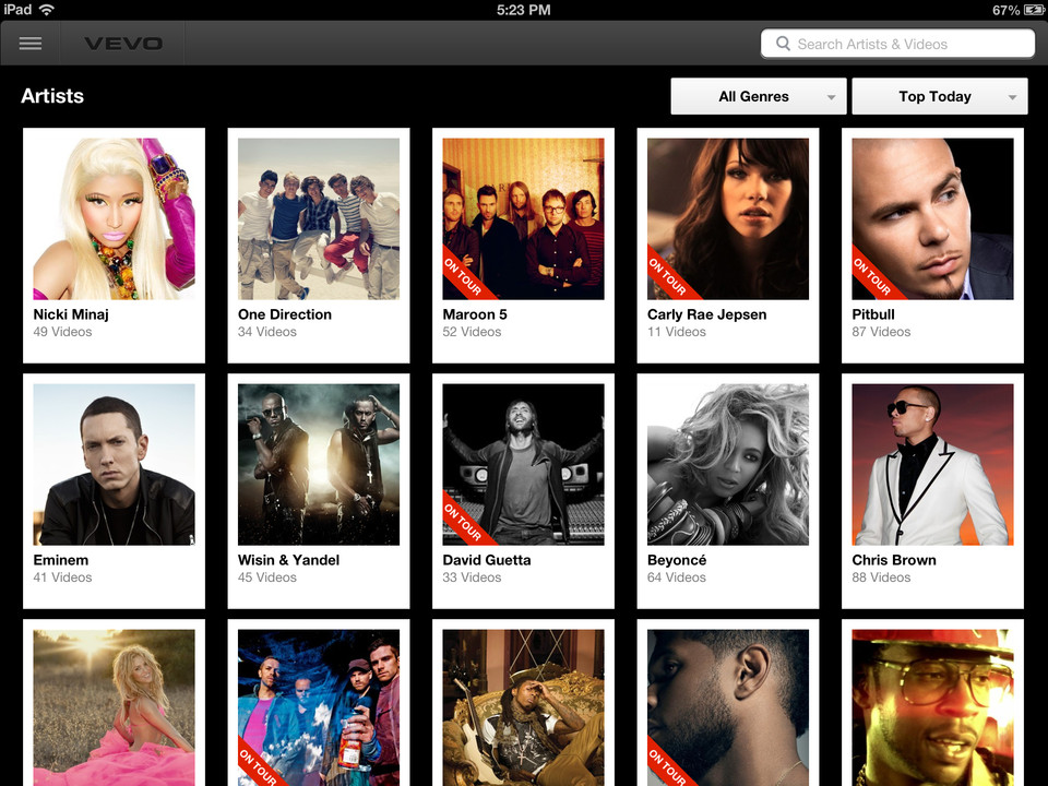 VEVO音乐网站iPad应用界面设计，来源自黄蜂网https://woofeng.cn/ipad/