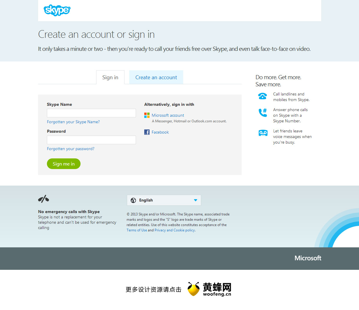 skype网站登录、注册页面设计，来源自黄蜂网https://woofeng.cn/webcut/