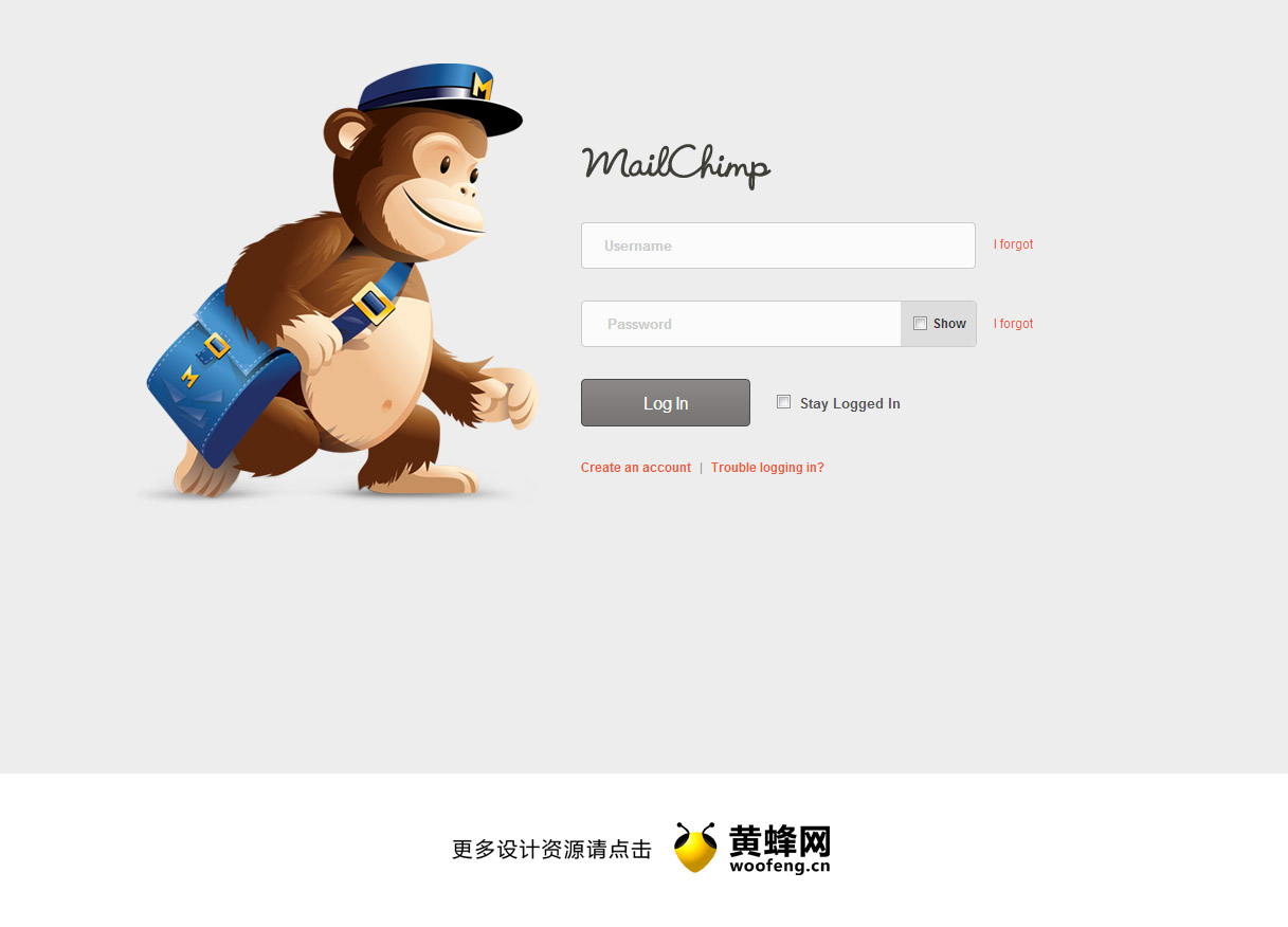 邮件黑猩猩网站登录界面设计，来源自黄蜂网https://woofeng.cn/webcut/
