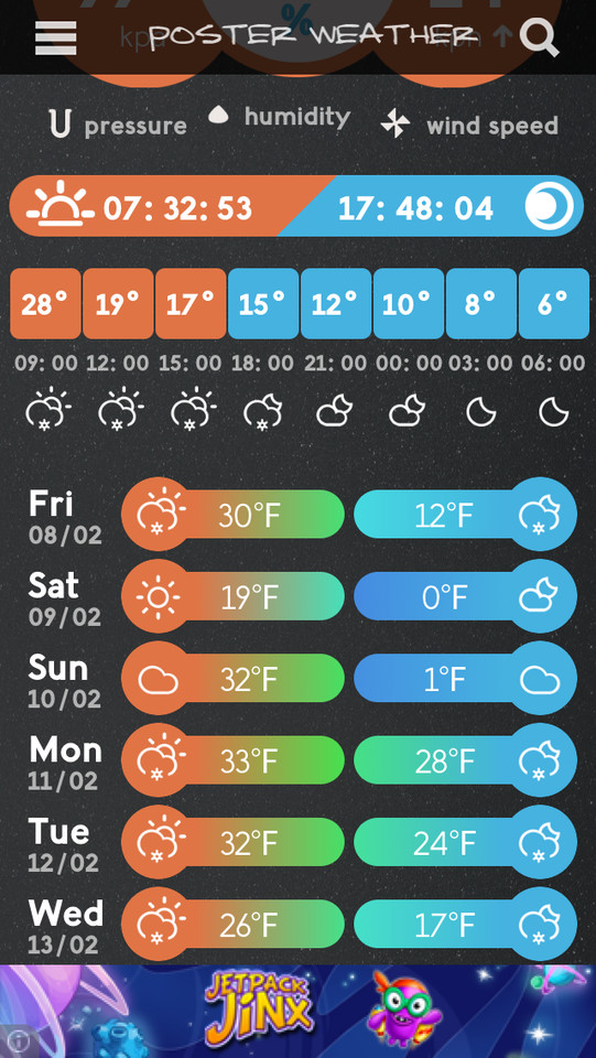 PosterWeather天气预报手机应用界面设计，来源自黄蜂网https://woofeng.cn/mobile/