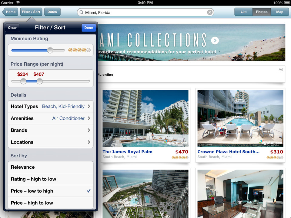 Oyster酒店评论和照片iPad应用界面设计，来源自黄蜂网https://woofeng.cn/ipad/