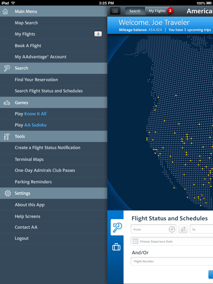 美国航空公司iPad应用程序界面设计，来源自黄蜂网https://woofeng.cn/ipad/