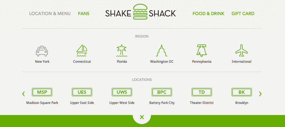 Shake Shack生活网站导航菜单设计，来源自黄蜂网https://woofeng.cn/webcut/