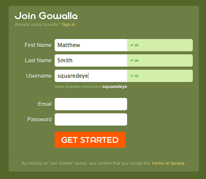 Gowalla的注册表格网页设计，来源自黄蜂网https://woofeng.cn/webcut/