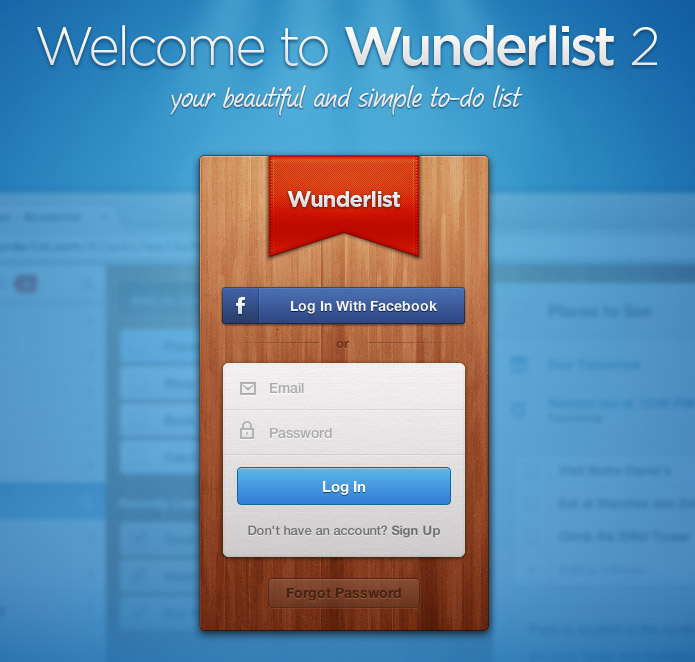 Wunderlist网站质感的登录界面设计，来源自黄蜂网https://woofeng.cn/webcut/