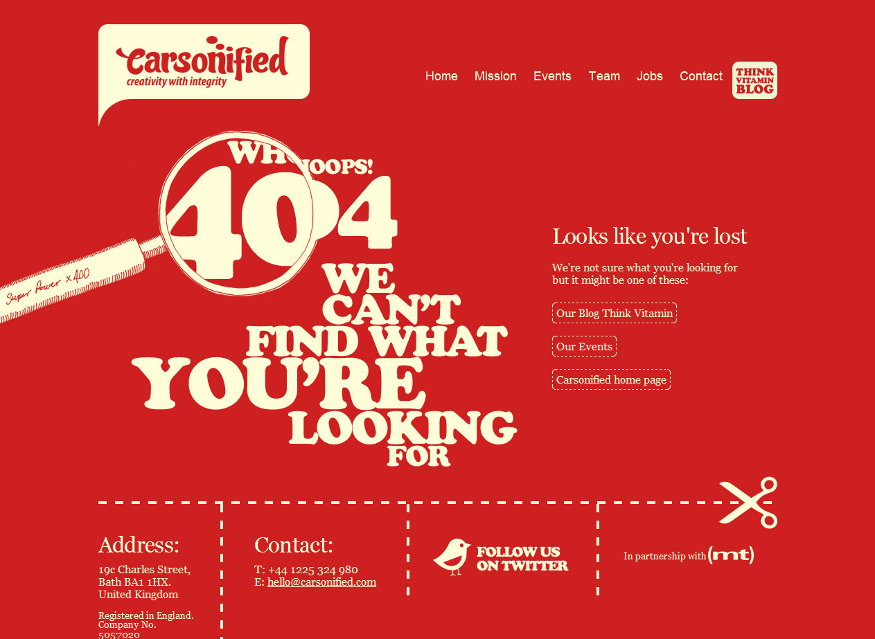 Carsonified网站创意404页面设计，来源自黄蜂网https://woofeng.cn/webcut/