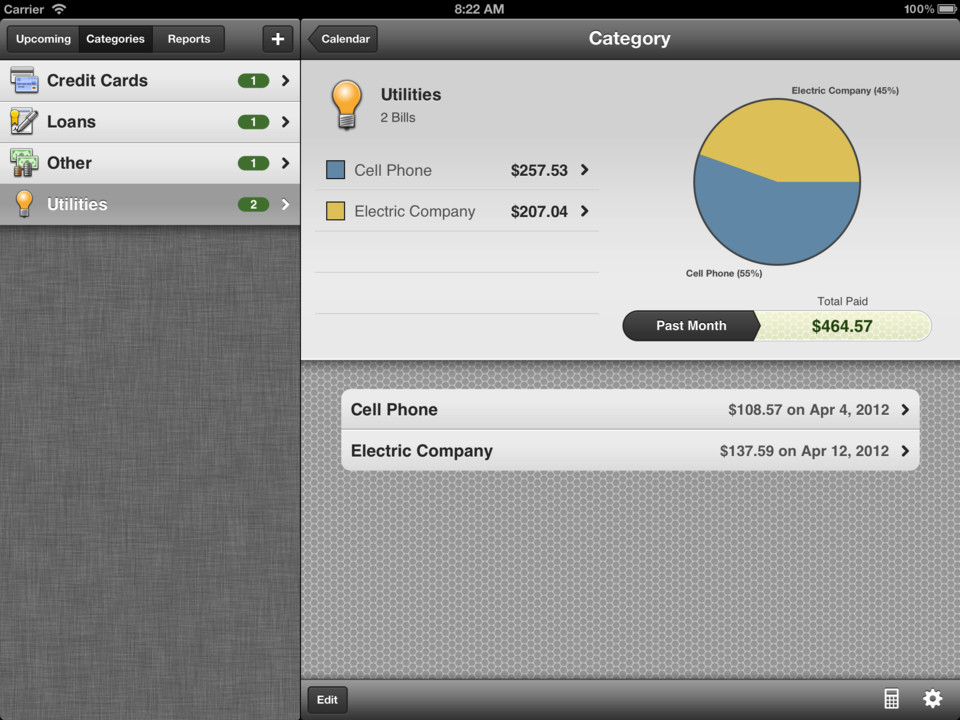 BillMinder帐单管理iPad应用界面设计，来源自黄蜂网https://woofeng.cn/mobile/