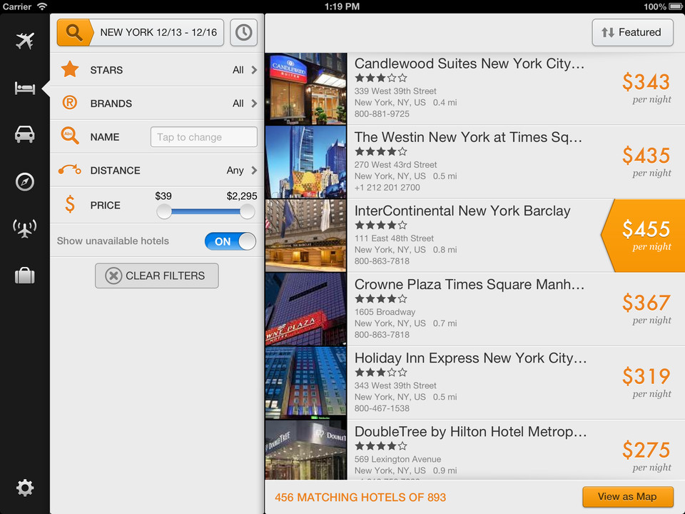 KAYAK旅游应用程序iPad界面设计，来源自黄蜂网https://woofeng.cn/ipad/