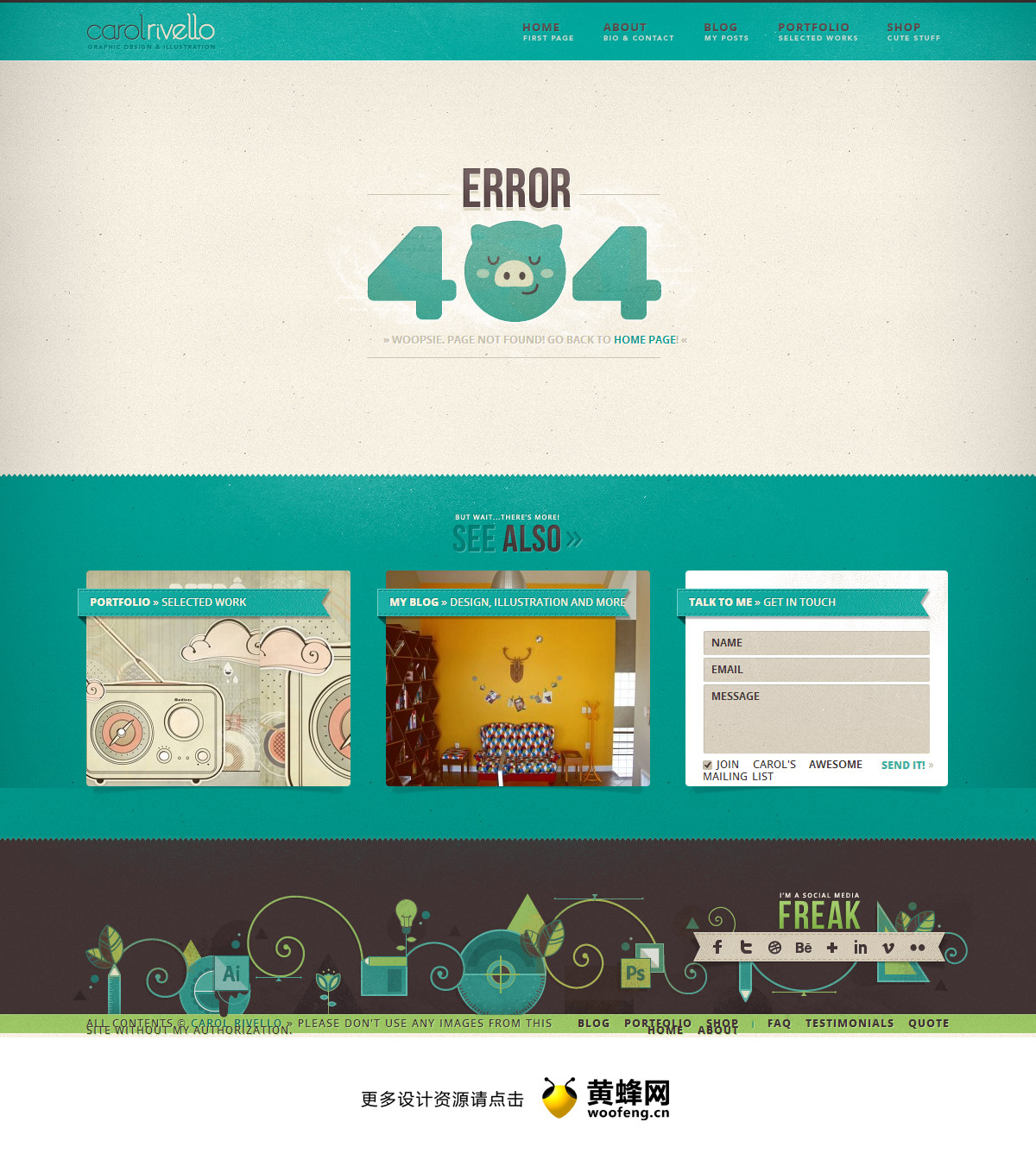 Carol Rivello网站404创意页面设计，来源自黄蜂网https://woofeng.cn/webcut/