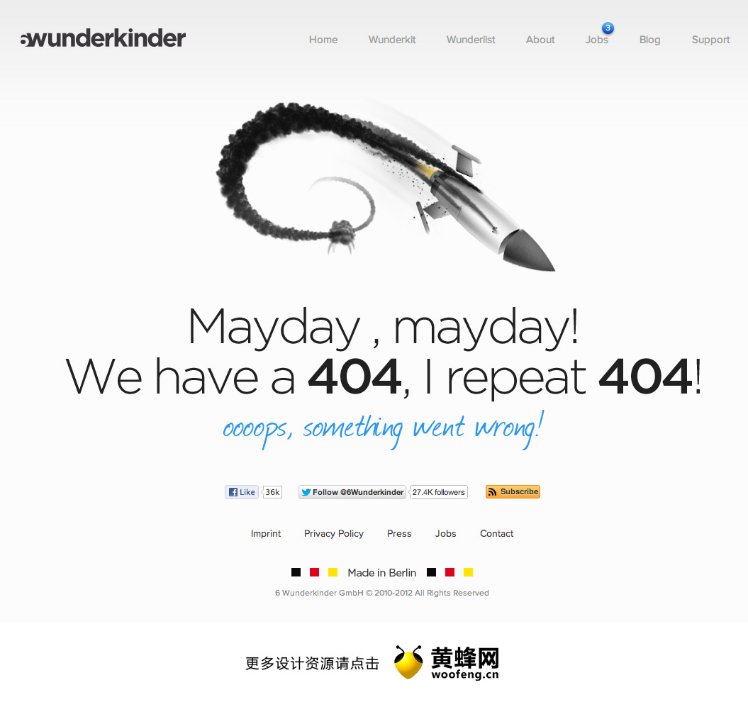 6 Wunderkinder网站404创意页面设计，来源自黄蜂网https://woofeng.cn/webcut/