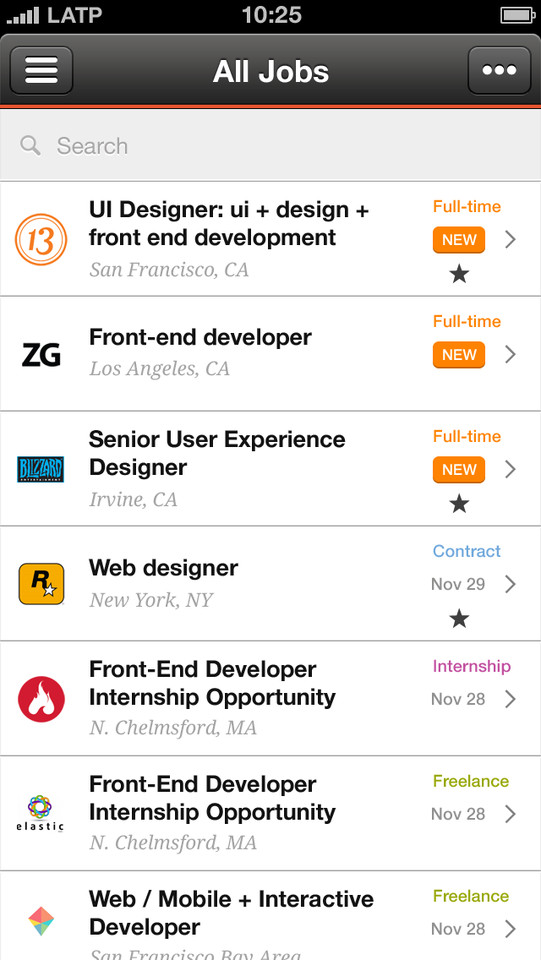 Jobs求职招聘手机应用界面设计，来源自黄蜂网https://woofeng.cn/mobile/