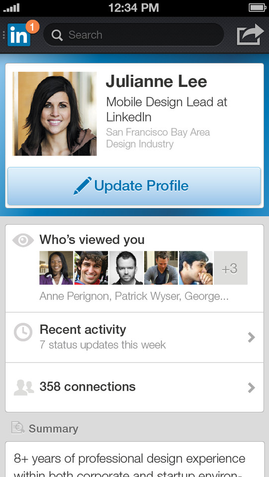 新版LinkedIn手机应用界面设计，来源自黄蜂网https://woofeng.cn/mobile/