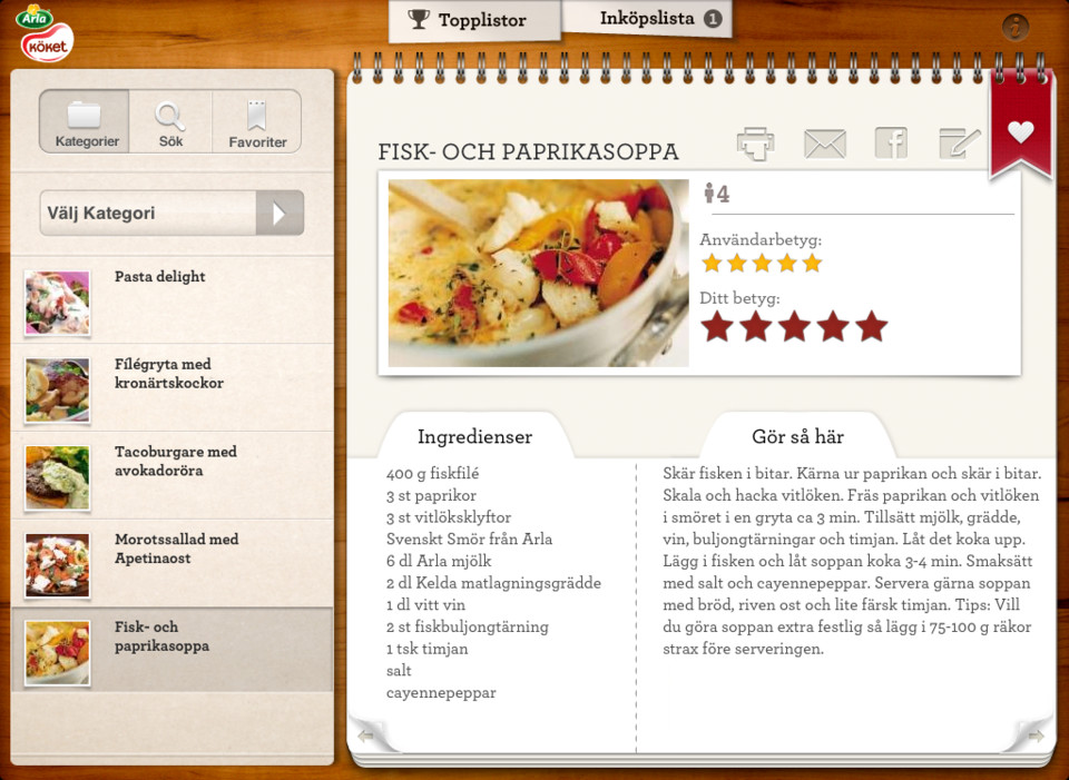 Arla Koket阿拉厨房iPad界面设计，来源自黄蜂网https://woofeng.cn/